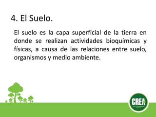 4. El Suelo.
El suelo es la capa superficial de la tierra en
donde se realizan actividades bioquímicas y
físicas, a causa de las relaciones entre suelo,
organismos y medio ambiente.
 