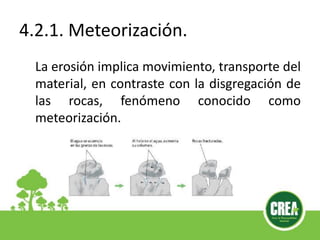 4.2.1. Meteorización.
La erosión implica movimiento, transporte del
material, en contraste con la disgregación de
las rocas, fenómeno conocido como
meteorización.
 