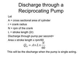 Discharge through a
Reciprocating Pump
Let
A = cross sectional area of cylinder
r = crank radius
N = rpm of the crank
L = stroke length (2r)
Discharge through pump per second=
Area x stroke length x rpm/60
This will be the discharge when the pump is single acting.
60
N
LAQth ××=
 