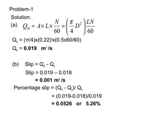 Problem-1
Solution:
(a)
Qth = (π/4)x(0.22)2
x(0.5x60/60)
Qth = 0.019 m3
/s
(b) Slip = Qth - Qa
Slip = 0.019 – 0.018
= 0.001 m3
/s
Percentage slip = (Qth - Qa)/ Qth
= (0.019-0.018)/0.019
= 0.0526 or 5.26%
60460
2 LN
D
N
LAQth 





=××=
π
 