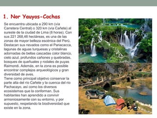 1. Nor Yauyos-Cochas
Se encuentra ubicada a 290 km (vía
Carretera Central) o 320 km (vía Cañete) al
sureste de la ciudad de Lima (8 horas). Con
sus 221 268,48 hectáreas, es una de las
zonas de mayor belleza escénica del Perú.
Destacan sus nevados como el Pariacacca,
lagunas de aguas turquesas y cristalinas
adornadas de bellas cascadas color blanco,
cielo azul, profundos cañones y quebradas,
bosques de queñuales y rodales de puyas
Raimondi. Además, en la zona es posible
encontrar complejos arqueológicos y gran
diversidad de aves.
Tiene como principal objetivo conservar la
parte alta del río Cañete y la cuenca del río
Pachacayo, así como los diversos
ecosistemas que la conforman. Sus
habitantes han aprendido a convivir
armoniosamente con su entorno, y por
supuesto, respetando la biodiversidad que
existe en la zona.
 