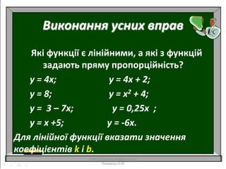 Виконання усних вправ
Які функції є лінійними, а які з функцій
задають пряму пропорційність?
у = 4х; у = 4х + 2;
у = 8; у = х2 + 4;
у = 3 – 7х; у = 0,25х ;
у = х +5; у = -6х.
Для лінійної функції вказати значення
коефіцієнтів k і b.
http://lazareths.blogspot.com/
Лазарець.О.Ю
 