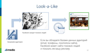 12
Look-a-Like
Загружаем аудитории
Facebook находит похожих людей
Если вы обладаете базами данных аудиторий
(email, телефоны, посетители сайта),
Facebook может найти похожих людей
и показать им вашу рекламу
 