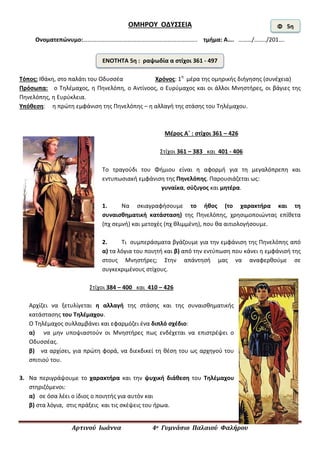 Αρτινού Ιωάννα 4ο Γυμνάσιο Παλαιού Φαλήρου
ΟΜΗΡΟΥ ΟΔΥΣΣΕΙΑ
Ονοματεπώνυμο:………………………………………………………………….. τμήμα: Α…. ………/……../201….
Τόπος: Ιθάκη, στο παλάτι του Οδυσσέα Χρόνος: 1η
μέρα της ομηρικής διήγησης (συνέχεια)
Πρόσωπα: ο Τηλέμαχος, η Πηνελόπη, ο Αντίνοος, ο Ευρύμαχος και οι άλλοι Μνηστήρες, οι βάγιες της
Πηνελόπης, η Ευρύκλεια.
Υπόθεση: η πρώτη εμφάνιση της Πηνελόπης – η αλλαγή της στάσης του Τηλέμαχου.
Μέρος Α΄ : στίχοι 361 – 426
Στίχοι 361 – 383 και 401 - 406
Το τραγούδι του Φήμιου είναι η αφορμή για τη μεγαλόπρεπη και
εντυπωσιακή εμφάνιση της Πηνελόπης. Παρουσιάζεται ως:
γυναίκα, σύζυγος και μητέρα.
1. Να σκιαγραφήσουμε το ήθος (το χαρακτήρα και τη
συναισθηματική κατάσταση) της Πηνελόπης, χρησιμοποιώντας επίθετα
(πχ σεμνή) και μετοχές (πχ θλιμμένη), που θα αιτιολογήσουμε.
2. Τι συμπεράσματα βγάζουμε για την εμφάνιση της Πηνελόπης από
α) τα λόγια του ποιητή και β) από την εντύπωση που κάνει η εμφάνισή της
στους Μνηστήρες; Στην απάντησή μας να αναφερθούμε σε
συγκεκριμένους στίχους.
Στίχοι 384 – 400 και 410 – 426
Αρχίζει να ξετυλίγεται η αλλαγή της στάσης και της συναισθηματικής
κατάστασης του Τηλέμαχου.
Ο Τηλέμαχος συλλαμβάνει και εφαρμόζει ένα διπλό σχέδιο:
α) να μην υποψιαστούν οι Μνηστήρες πως ενδέχεται να επιστρέψει ο
Οδυσσέας.
β) να αρχίσει, για πρώτη φορά, να διεκδικεί τη θέση του ως αρχηγού του
σπιτιού του.
3. Να περιγράψουμε το χαρακτήρα και την ψυχική διάθεση του Τηλέμαχου
στηριζόμενοι:
α) σε όσα λέει ο ίδιος ο ποιητής για αυτόν και
β) στα λόγια, στις πράξεις και τις σκέψεις του ήρωα.
Φ 5η
ΕΝΟΤΗΤΑ 5η : ραψωδία α στίχοι 361 - 497
 