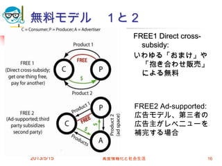 無料モデル １と２
FREE1 Direct cross-
subsidy:
いわゆる「おまけ」や
「抱き合わせ販売」
による無料
2013/5/15 高度情報化と社会生活 16
FREE2 Ad-supported:
広告モデル、第三者の
広告主がレベニューを
補完する場合
 