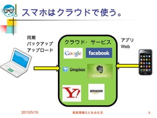 スマホはクラウドで使う。
同期
バックアップ
アップロード
2013/5/15 高度情報化と社会生活 8
クラウド・サービス アプリ
Web
 