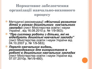 Нормативне забезпечення
організації навчально-виховного
процесу
 Методичні рекомендації «Фізичний розвиток
дітей в умовах дошкільного навчального
закладу» (лист Міністерства освіти і науки
України , від 16.08.2010 р. № 1/9-563);
 “Про систему роботи з дітьми, які не
відвідують дошкільні навчальні заклади”
(лист Міністерства освіти і науки України від
04.10.2007 р. № 1/9-583);
 Перелік навчальних видань,
рекомендованих для використання в
роботі в дошкільних навчальних закладах
(лист Міністерства освіти і науки України від
07.07.2010р. №1/9-480).
 