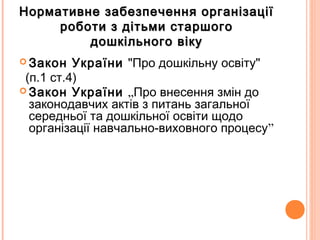 Нормативне забезпечення організаціїНормативне забезпечення організації
роботи з дітьми старшогороботи з дітьми старшого
дошкільного вікудошкільного віку
 Закон України "Про дошкільну освіту"
(п.1 ст.4)
 Закон України „Про внесення змін до
законодавчих актів з питань загальної
середньої та дошкільної освіти щодо
організації навчально-виховного процесу”
 