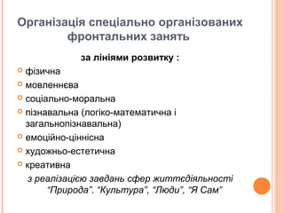 Організація спеціально організованих
фронтальних занять
за лініями розвитку :
 фізична
 мовленнєва
 соціально-моральна
 пізнавальна (логіко-математична і
загальнопізнавальна)
 емоційно-ціннісна
 художньо-естетична
 креативна
з реалізацією завдань сфер життєдіяльності
“Природа”. “Культура”, “Люди”, “Я Сам”
 