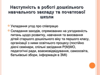 Наступність в роботі дошкільногоНаступність в роботі дошкільного
навчального закладу та початковоїнавчального закладу та початкової
школишколи
 Укладання угод про співпрацюУкладання угод про співпрацю
 Складання заходів, спрямованих на узгодженістьСкладання заходів, спрямованих на узгодженість
питань щодо розвитку, навчання та вихованняпитань щодо розвитку, навчання та виховання
дітей старшого дошкільного віку та першого класу,дітей старшого дошкільного віку та першого класу,
організації з ними освітнього процесу (постійноорганізації з ними освітнього процесу (постійно
діючі семінари, спільні засідання Р(М)МО,діючі семінари, спільні засідання Р(М)МО,
педагогічні ради, взаємовідвідування, самоосвіта,педагогічні ради, взаємовідвідування, самоосвіта,
батьківські збори, інформація в ЗМІ)батьківські збори, інформація в ЗМІ)
 