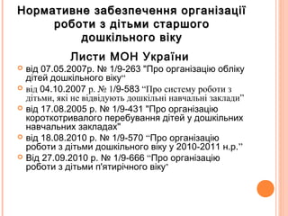 Нормативне забезпечення організаціїНормативне забезпечення організації
роботи з дітьми старшогороботи з дітьми старшого
дошкільного вікудошкільного віку
Листи МОН України
 від 07.05.2007р. № 1/9-263 "Про організацію обліку
дітей дошкільного віку“
 від 04.10.2007 р. № 1/9-583 “Про систему роботи з
дітьми, які не відвідують дошкільні навчальні заклади”
 від 17.08.2005 р. № 1/9-431 "Про організацію
короткотривалого перебування дітей у дошкільних
навчальних закладах"
 від 18.08.2010 р. № 1/9-570 “Про організацію
роботи з дітьми дошкільного віку у 2010-2011 н.р.”
 Від 27.09.2010 р. № 1/9-666 “Про організацію
роботи з дітьми п'ятирічного віку”
 