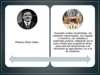 Plutarco Elías Calles.
Escuelas rurales insuficientes los
maestros improvisados, con ingenio
e inventiva, con métodos y
materiales propios, reflejando así el
poco interés que el gobierno tenía,
pues este iba direccionado a la
formación de agricultores y no a la
de maestros.
 