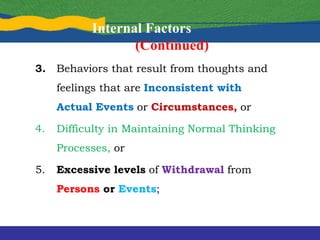 Internal Factors
(Continued)
3. Behaviors that result from thoughts and
feelings that are Inconsistent with
Actual Events or Circumstances, or
4. Difficulty in Maintaining Normal Thinking
Processes, or
5. Excessive levels of Withdrawal from
Persons or Events;
 
