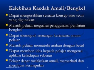 sapon@uthm.edu.my 31
Kelebihan Kaedah Amali/BengkelKelebihan Kaedah Amali/Bengkel
 Dapat mengesahkan sesuatu konsep atau teoriDapat mengesahkan sesuatu konsep atau teori
yang digunakanyang digunakan
 Melatih pelajar meguasai penggunaan peralatanMelatih pelajar meguasai penggunaan peralatan
bengkelbengkel
 Dapat memupuk semangat kerjasama antaraDapat memupuk semangat kerjasama antara
pelajarpelajar
 Melatih pelajar mematuhi arahan dengan betulMelatih pelajar mematuhi arahan dengan betul
 Dapat memberi idea kepada pelajar mengenaiDapat memberi idea kepada pelajar mengenai
aplikasi kehidupan sebenaraplikasi kehidupan sebenar
 Pelajar dapat melakukan amali, memerhati danPelajar dapat melakukan amali, memerhati dan
membuat kesimpulanmembuat kesimpulan
 