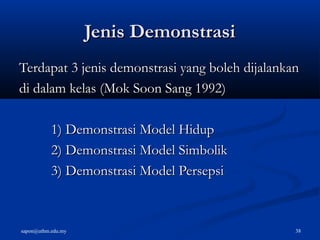 sapon@uthm.edu.my 38
Jenis DemonstrasiJenis Demonstrasi
Terdapat 3 jenis demonstrasi yang boleh dijalankanTerdapat 3 jenis demonstrasi yang boleh dijalankan
di dalam kelas (Mok Soon Sang 1992)di dalam kelas (Mok Soon Sang 1992)
1) Demonstrasi Model Hidup1) Demonstrasi Model Hidup
2) Demonstrasi Model Simbolik2) Demonstrasi Model Simbolik
3) Demonstrasi Model Persepsi3) Demonstrasi Model Persepsi
 