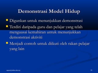 sapon@uthm.edu.my 39
Demonstrasi Model HidupDemonstrasi Model Hidup
 Digunkan untuk menunjukkan demonstrasiDigunkan untuk menunjukkan demonstrasi
 Terdiri daripada guru dan pelajar yang telahTerdiri daripada guru dan pelajar yang telah
menguasai kemahiran untuk menunjukkanmenguasai kemahiran untuk menunjukkan
demonstrasi aktivitidemonstrasi aktiviti
 Menjadi contoh untuk diikuti oleh rakan pelajarMenjadi contoh untuk diikuti oleh rakan pelajar
yang lainyang lain
 