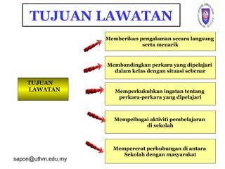 sapon@uthm.edu.my 71
TUJUAN LAWATAN
TUJUAN
LAWATAN
Memberikan pengalaman secara langsung
serta menarik
Memperkukuhkan ingatan tentang
perkara-perkara yang dipelajari
Mempelbagai aktiviti pembelajaran
di sekolah
Mempererat perhubungan di antara
Sekolah dengan masyarakat
Membandingkan perkara yang dipelajari
dalam kelas dengan situasi sebenar
 