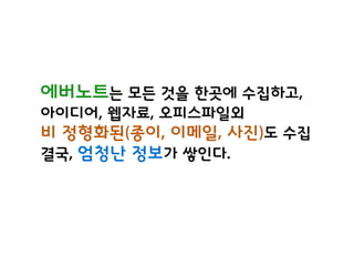 에버노트는 모든 것을 한곳에 수집하고,
아이디어, 웹자료, 오피스파일외
비 정형화된(종이, 이메일, 사진)도 수집
결국, 엄청난 정보가 쌓인다.
 