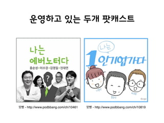 운영하고 있는 두개 팟캐스트
팟빵 - http://www.podbbang.com/ch/10819팟빵 - http://www.podbbang.com/ch/10461
 