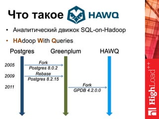 Что такое
•  Аналитический движок SQL-on-Hadoop
•  HAdoop With Queries
Postgres Greenplum HAWQ
2005
Fork
Postgres 8.0.2
2009
Rebase
Postgres 8.2.15
2011 Fork
GPDB 4.2.0.0
 