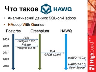 Что такое
•  Аналитический движок SQL-on-Hadoop
•  HAdoop With Queries
Postgres Greenplum HAWQ
2005
Fork
Postgres 8.0.2
2009
Rebase
Postgres 8.2.15
2011 Fork
GPDB 4.2.0.0
2013
HAWQ 1.0.0.0
HAWQ 2.0.0.0
Open Source
2015
 