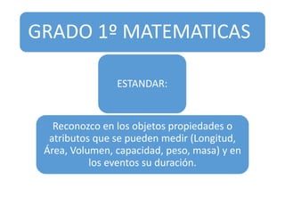 GRADO 1º MATEMATICAS
ESTANDAR:
Reconozco en los objetos propiedades o
atributos que se pueden medir (Longitud,
Área, Volumen, capacidad, peso, masa) y en
los eventos su duración.
 