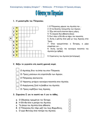 Επαναληπτικές Ασκήσεις Ιστορία Γ΄ - Μυθολογία - 5η Ενότητα: Ο Τρωικός πόλεμος
1. Η μεσοστιχίδα του Πάτροκλου.
1. Ο Πάτροκλος φόρεσε του Αχιλλέα την …
2. Ο πιο δυνατός πολεμιστής των Αχαιών.
3. Έξω από αυτά γίνονταν άγριες μάχες.
4. Το έσερναν δυο αθάνατα άλογα.
5. Εκεί πήγε η Θέτιδα να πάρει την πανοπλία.
6. Αυτός ο μάντης ήταν μαζί με τους Αχαιούς στην
Τροία.
7. Όταν τραυματίστηκε ο Έκτορας, η μάχη
σταμάτησε για ….
8. Αυτός έφτιαξε την καινούρια πανοπλία του
Αχιλλέα (με άρθρο).
9. Στρατιώτες του Αχιλλέα (αντίστροφα).
2. Βάζω τα γεγονότα στη σωστή χρονική σειρά.
Ο Αχιλλέας δίνει τα όπλα του στον Πάτροκλο.
Οι Τρώες μπαίνουν στο στρατόπεδο των Αχαιών.
Ο Πάτροκλος σκοτώνεται.
Ο Ήφαιστος φτιάχνει καινούρια πανοπλία στον Αχιλλέα.
Ο Αγαμέμνονας ζητά τη βοήθεια του Αχιλλέα.
Οι Τρώες κερδίζουν τους Αχαιούς.
3. Σημειώνω Σ για το σωστό και Λ για το λάθος.
α. Ο Οδυσσέας τραυμάτισε τον Έκτορα. 
β. Η Θέτιδα ήταν η μητέρα του Αχιλλέα. 
γ. Τα άλογα του Αχιλλέα ήταν αθάνατα. 
δ. Ο Πάτροκλος δεν πήρε μαζί του τους Μυρμιδόνες. 
ε. Ο γερο-Φοίνικας ήταν πατέρα του Αχιλλέα. 
1 Π
2 Α
3 Τ
4 Ρ
5 Ο
6 Κ
7 Λ
8 Ο
9 Σ
 