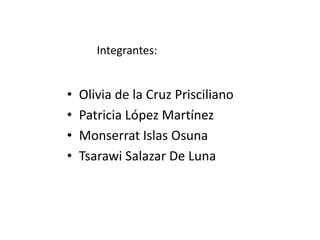 • Olivia de la Cruz Prisciliano
• Patricia López Martínez
• Monserrat Islas Osuna
• Tsarawi Salazar De Luna
Integrantes:
 