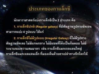 นักดาราศาสตร์แบ่งกาแล็กซีเป็น 2 ประเภท คือ
1. กาแล็กซีปกติ (Regular galaxy) ที่มีสัณฐานรูปทรงชัดเจน
สามารถแบ่ง 4 รูปแบบ ได้แก่
2. กาแล็กซีไม่มีรูปแบบ (Irregular Galaxy) ที่ไม่มีรูปทรง
สัณฐานชัดเลย ไม่มีแกนกลาง ไม่มีแขนที่โค้งเป็นก้นหอย ไม่มี
ระนาบของความสมมาตร เช่น กาแล็กซีแมกเจลแลนใหญ่
กาแล็กซีแมกเจลแลนเล็ก ที่มองเห็นด้วยตาเปล่าทางซีกโลกใต้
 
