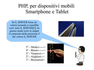 PHP, per dispositivi mobili
Smartphone e Tablet
Se $_SERVER fosse un
vettore normale si userebbe
così: echo $_SERVER[5]. In
questo modo avrei in output
il contenuto della posizione 5
del vettore $_SERVER
5° - Medici----->
4° - Bruno------>
3° - Vespucci-->
2° - Alighieri-->
1° - Buonarroti>
 