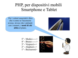 PHP, per dispositivi mobili
Smartphone e Tablet
Per i vettori associativi dico
che è come se l'ascensore
avesse, invece che i pulsanti
con i numeri, i nomi di chi
abita al piano.
5° - Medici----->
4° - Bruno------>
3° - Vespucci-->
2° - Alighieri-->
1° - Buonarroti>
 