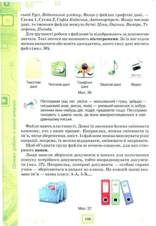 Основироботизкомп'ютером ської Русі, Відпочинок улітку. Якщо у файлах графічні дані, —
Схема 1. Схема 2, Софія Київська, Автопортрет. Якщо числові
дані, то іменами файлів можуть бути: Ціни, Оцінки, Виміри, Те­
лефони, Погода.
Для зручності роботи з файлами їх відображають за допомогою
значків. Такі значки ще називають піктограмами. За їх виглядом
можна визначити або навіть здогадатись, якого тину дані містить
файл (мал. 36).
Текстові
дані
Числові дані
Графічні
дані
Мал. 36
Звукові дані
MOVIE.
Відео
Піктограма (від лат. pictus — мальований і грец. урацца —
письмовий знак, риска, лінія) — умовний малюнок із зобра­
женням яких-небудь дій, подій, предметів тощо. Піктограми
походять з давніх часів, де вони використовувалися в най­
давнішому письмі.
Файли мають властивості. Деякі їх значення Жюжна змінювати
кожному, хто з ними працює. Наприклад, можна змінювати їх
ім’я, місце збереження, вміст. Із файлами можна виконувати різні
операції, зокрема, їх можна відкривати, змінювати й закривати.
Щоб об’єднати групу файлів за иевною ознакою, для них ство­
рюють папки.
Люди звикли зберігати документи в папках для полегшення
пошуку потрібного документа, тобто впорядковувати докумен­
ти (мил. 37). Наприклад, паперові документи — особові справи
учнів — зберігаються в папках по класах. На кожній папці вка­
зано ім’я — назва класу: 5-А, 5-Б,...
Мал. 37
106
 