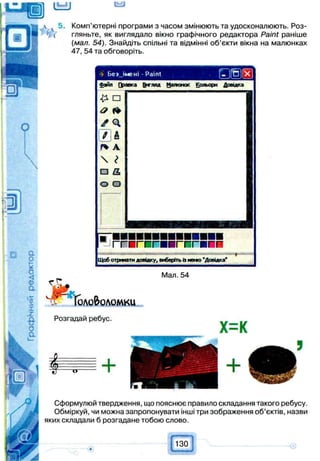 UdJ
 4 5. Комп’ютерні програми з часом змінюють та удосконалюють. Роз-
/( ( гляньте, як виглядало вікно графічного редактора Paint раніше
(мал. 54). Знайдіть спільні та відмінні об’єкти вікна на малюнках
47, 54 та обговоріть.


•ї Без_імені - Paint f- jfP 1Х )
1Файл М а ^ ж Копьори Довиисд
p . а
о Ѣ
и a
f% A
 г
□ CL
о О
1
*
[Щоб сЩоб отрммтм довідку, виберіть о немо 'Довідка*
г г
•Л і
Мал. 54
оловоломки
Розгадай ребус.
а
х=к
Т) +
t
+
Ги
Сформулюй твердження, що пояснює правило складання такого ребусу.
Обміркуй, чи можна запропонувати інші три зображення об’єктів, назви
яких складали б розгадане тобою слово.
130
 