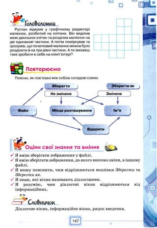 Головоломки
Руслан відкрив у графічному редакторі
малюнок, розбитий на клітини. Він виділив
межі декількох клітин та розділив малюнок на
дві одинакові частини. А потім поміркував та
зрозумів, що початковий малюнок можна було
розділити й на три рівні частини. А ти зможеш
таке зробити в себе на комп’ютері?
Повторюємо
Поясни, як пов’язані між собою складові схеми.
Оціни свої знання та вміння ^ у
У Я вмію зберігати зображення у файлі.
■SЯ вмію зберігати зображення, до якого внесено зміни, віншому
файлі.
Я можу пояснити, чим відрізняються вказівки Зберегти та
Зберегти як.
•У Я знаю, які вікна називають діалоговими.
•/ Я розумію, чим діалогові вікна відрізняються від
інформаційних.
Сло&иичок
Діалогове вікно, інформаційне вікно, рядок введення.
 