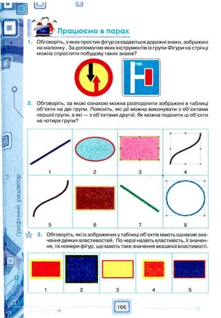 Y 3 . Обговоріть, які із зображених у таблиці об’єктів мають однакові зна­
чення деяких властивостей. По черзі назвіть властивість, її значен­
ня, та номери фігур, що мають таке значення вказаної властивості.
Працюємо в парах
Обговоріть, з яких простих фігур складаються дорожні знаки, зображені
на малюнку. За допомогою яких інструментів із групи Фігури на стрічці
можна спростити побудову таких знаків?
Обговоріть, за якою ознакою можна розподілити зображені в таблиці
об’єкти на дві групи. Поясніть, які дії можна виконувати з об’єктами
першої групи, а які — з об’єктами другої. Як можна поділити ці об’єкти
на чотири групи?
 