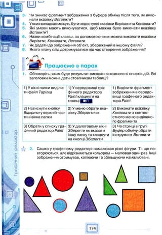 Чи зникає фрагмент зображення з буфера обміну після того, як вико­
нали вказівку Вставити?
Уяких випадках можуть бути недоступні вказівки Вирізати та Копіювати?
Які умови мають виконуватися, щоб можна було виконати вказівку
Вставити?
Назви комбінації клавіш, за допомогою яких можна виконати вказівки
Вирізати, Копіювати, Вставити.
Як додати до зображення об'єкт, збережений в іншому файлі?
Якого плану слід дотримуватися під час створення зображення?
Працюємо в парах
Обговоріть, яким буде результат виконання кожного зі списків дій. Які
заголовки можна дати стовпчикам таблиці?
1) У вікні папки виділи­
ти файл Тарілка
1) У середовищі гра­
фічного редактора
Paint клацнути на
кнопці Ю 5 Л
1) Виділити фрагмент
зображення в середо­
вищі графічного редак­
тора Paint
2) Натиснути кнопку
Відкрити у верхній час­
тині вікна папки
2) У меню обрати вка­
зівку Зберегти як
2) Виконати вказівку
Копіювати з контек­
стного меню виділено­
го фрагмента
3) Обрати у списку гра­
фічний редактор Paint
3) У діалоговому вікні
Зберегти як вказати
іншу папку та клацнути
на кнопці Зберегти
3) Ча стрічці в групі
буфер обміну обрати
інструмент Вставити
Сашко у графічному редакторі намалював різні фігури. Ті, що по­
вторюються, але відрізняються кольором — малював один раз. Інші
зображення отримував, копіюючи та збільшуючи намальовані.
174
 