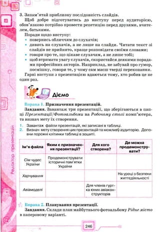 3. Запам’ятай приблизну послідовність слайдів.
Щоб добре підготуватись до виступу перед аудиторією,
обов’язково потрібно провести репетицію перед друзями, вчите­
лем, батьками.
Поради щодо виступу:
повернись обличчям до слухачів;
• дивись на слухачів, а не лише на слайди. Читати текст зі
слайдів не прийнято, краще розповідати своїми словами;
• говори про те, що цікаве слухачам, а не лише тобі;
• щоб втримати увагу слухачів, скористайся деякими порада­
ми професійних акторів. Наприклад, не забувай про гумор,
посмішку, говори те, у чому сам маєш тверді переконання.
Гарні виступи з презентацією вдаються тому, хто робив це не
один раз.
Піфлил І Призначення презентацій.
Завдання. Завантаж три презентації, що зберігаються в пап­
ці Презентації/Фотоальбоми на Робочому столі комп’ютера,
та визнач мету їх створення.
Завантаж файли презентацій, які записані в таблиці.
2. Визнач мету створення цих презентацій та можливу аудиторію. Допо­
вни порожні клітинки таблиці в зошиті.
1
Ім’я файла
Яким є призначен­
ня презентацм?
Для кого
створена?
Де можна
продемонстру­
вати?
!
Сім чудес
України
Продемонструвати
історичні пам’ятки
України
Харчування
На уроці з безпеки
життєдіяльності
Авіамоделі
Для членів гурт­
ка юних авіакон­
структорів
Ппраг.а Планування презентації.
Завдання. Склади план майбутнього фотоальбому Рідне місто
в паперовому варіанті.
 