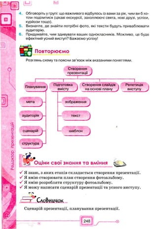 GO*щ
О
4. Обговоріть у групі: що важливого відбулось із вами за рік, чим ви б хо­
тіли поділитися (цікаві екскурсії, захоплюючі свята, нові друзі, успіхи,
курйози тощо).
5. Визначте, де знайти потрібні фото, які тексти будуть приваблювати
аудиторію.
6 . Придумайте, чим здивувати ваших однокласників. Можливо, це буде
ефектний усний виступ? Бажаємо успіху!
Повторюємо
Розглянь схему та поясни зв’язок між вказаними поняттями.
J
„ г
Планування
мета
аудиторія
сценарій
структура
!
Підготовка
вмісту
Створення
презентації
ІГ~~Г
зображення
)
Створення слайдів
на основі плану J
— І
Репетиція
виступу J
)
г— текст
D
шаблон
J
і Оціни свої знання та вміння ^
V Я знаю, з яких етапів складається створення презентації.
■УЯ вмію створювати план створення фотоальбому.
J Я вмію розробляти структуру фотоальбому.
Я можу написати сценарій презентації та усного виступу.
Сло&ничок
Сценарій презентації, планування презентації.
 