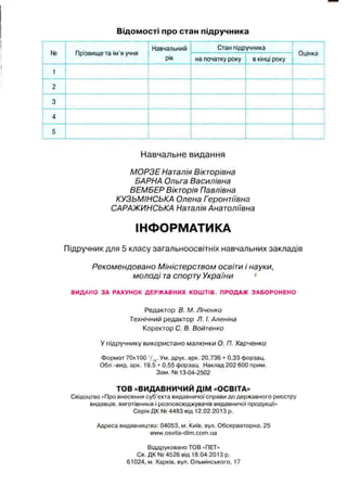 Відомості про стан підручника
№ Прізвищета ім’яучня
Навчальний
рік
Стан підручника
Оцінка
на початку року вкінці року
1
2
3
4
5
Навчальне видання
МОРЗЕ Наталія Вікторівна
БАРНА Ольга Василівна
ВЕМБЕР Вікторія Павлівна
КУЗЬМІНСЬКА Олена Геронтіївна
САРАЖИНСЬКА Наталія Анатоліївна
ІНФОРМАТИКА
Підручник для 5 класу загальноосвітніх навчальних закладів
Рекомендовано Міністерством освіти і науки,
молоді та спорту України '
ВИДАНО ЗА РАХУНОК ДЕРЖАВНИХ КОШТІВ. ПРОДАЖ ЗАБОРОНЕНО
Редактор В. М. Ліченко
Технічний редактор Л. І.Аленіна
Коректор С. В. Войтенко
У підручнику використано малюнки О. П. Харченко
Формат 70x100 '/ІЬ.Ум. друк. арк. 20,736 + 0,33 форзац.
Обл.-вид. арк. 19,5 + 0,55 форзац. Наклад 202 600 прим.
Зам. №13-04-2502
ТОВ «ВИДАВНИЧИЙ ДІМ «ОСВІТА»
Свідоцтво «Про внесення суб’єкта видавничої справи до державного реєстру
видавців, виготівників і розповсюджувачів видавничої продукції»
Серія ДК №4483 від 12.02.2013 р.
Адреса видавництва: 04053, м. Київ, вул. Обсерваторна, 25
www.osvita-dim.com.ua
Віддруковано ТОВ «ПЕТ»
Св. ДК № 4526 від 18.04.2013 р.
61024, м Харків, вул. Ольмінського, 17
 