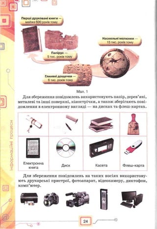 Перші друковані книги —
майже 600 років тому ^
Наскельні малюнки
15 тис. років тому
Ш
Папірус —
бтиорою втому^
-ft
*f 7 м>х-»»
Глиняні дощечки —
6 тис. років тому
Мал. 1
Для збереження повідомлень використовують папір, дерев’яні,
металеві та інші поверхні, кінострічки, а також зберігають пові­
домлення в електронному вигляді — на дисках та флеш-картах.
и
ф
о
а
і
о
$
а
0
-&
1
Електронна
книга

Диск Касета Флеш-карта
Для збереження повідомлень на таких носіях використову­
ють друкарські пристрої, фотоапарат, відеокамеру, диктофон,
комп’ютер.
І Т
 