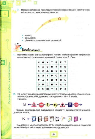 Назви послідовно приклади сучасних персональних комп’ютерів,
які можна на схемі впорядкувати за:
вагою;
розміром;
рівнем споживання електроенергії.
■ ,
Іоло&оломки
Прочитай назви різних пристроїв. Читати можна в різних напрямках:
по вертикалі, горизонталі, діагоналі. Назви хоча б п’ять.
н о У т Б Е т
к А о н У Н Б
с Е Ф п к Л У
Еі .
л т р о Я К
т А р и т л ь
о М с н н А к
к гг ю т Е Р1
с
На шляху від дому до магазину сім’ї зустрічались дорожні знаки в пев­
ній послідовності М, довжина послідовності М — 7 знаків.
Назви їх.
М — А - ф - $ / - г у - А - І З - ® - »
Склади розповідь про відвідування концерту, використовуючи послі­
довність знаків.
Яку довжину має послідовність К? Чи потрібні для розповіді ще додаткові
знаки? Чи були якісь знаки зайвими в послідовності?
54
 