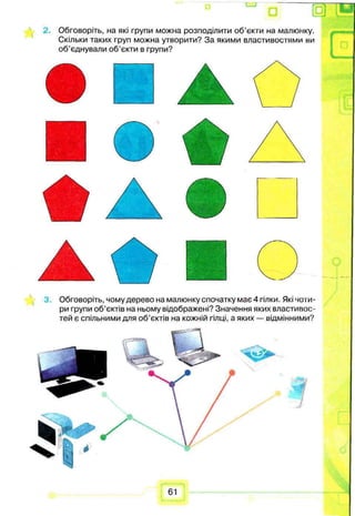 і_>
□
Обговоріть, на які групи можна розподілити об’єкти на малюнку.
Скільки таких груп можна утворити? За якими властивостями ви
об’єднували об’єкти в групи?
[I
Обговоріть, чому дерево на малюнку спочатку має 4 гілки. Які чоти­
ри групи об’єктів на ньому відображені? Значення яких властивос­
тей є спільними для об’єктів на кожній гілці, а яких — відмінними?
 