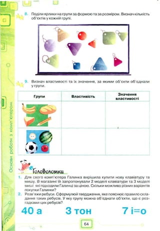 Поділи ярлики на групи за формою та за розміром. Визнач кількість
об’єктів у кожній групі.
2
О
о.
0)
с
2
О*
О
ю
о
а
Xсо
0
1
и
О
-у. ^
J . I
і ф 4 *
А ►
Визнач властивості та їх значення, за якими об'єкти об'єднали
у групи.
Групи Властивість
Значення
властивості
Головоломки
Л а
1 Д л я свого комп’ютера Галинка вирішила купити нову клавіатуру та
мишу. В магазині їй запропонували 2 моделі клавіатури та 3 моделі
миші які підходили Галинці за ціною. Скільки можливо різних варіантів
покупки Галинки?
2. Розв'яжи ребуси. Сформулюй твердження, яке пояснює правило скла­
дання таких ребусів. У яку групу можна об’єднати об’єкти, що є роз­
гадками цих ребусів?
40 а З тон 7 і=о
64
 