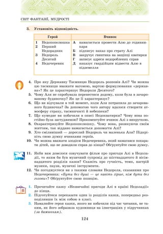 3. Óñòàíîâ³òü â³äïîâ³äí³ñòü.
4. Ïðî ÿêó Äåðæàâíó Òàºìíèöþ Íåäîðîëü ðîçïîâ³â Àë³? ×è ìîæíà
öþ òàºìíèöþ ââàæàòè âàãîìîþ, âàðòîþ ôîðìóëþâàííÿ «äåðæàâ-
íà»? ßê öå õàðàêòåðèçóº Íåäîðîëÿ Äåñÿòîãî?
5. ×îìó Àëÿ íå ñïðîáóâàëà ïåðåíåñòèñÿ äîäîìó, êîëè áóëà â çà÷àðî-
âàíîìó áóäèíî÷êó? ßê öå ¿¿ õàðàêòåðèçóº?
6. Ùî âè â³ä÷óâàëè â òîé ìîìåíò, êîëè Àëÿ ïîòðàïèëà äî çà÷àðîâà-
íîãî áóäèíî÷êà? Çà äîïîìîãîþ ÷îãî àâòîðó âäàëîñÿ ñòâîðèòè àò-
ìîñôåðó ñòðàõó, òàºìíè÷îñò³ é íåáåçïåêè?
7. Ùî êóìåäíå âè ïîáà÷èëè â îïèñ³ Íåäîêâàòèðêè? ×îìó âîíà ïî-
ñò³éíî áóëà çàñòóäæåíîþ? Ïðîêîìåíòóéòå â÷èíîê Àë³ ç âèêðóòêîþ.
8. Îõàðàêòåðèçóéòå Íåäîïîïåëþøêó. ×îìó âîíà, ðèçèêóþ÷è ñâî¿ì
æèòòÿì, òàê â³ääàíî íàìàãàºòüñÿ äîïîìîãòè Àë³?
9. Õòî ñì³ëèâ³øèé — äîðîñëèé Íåäîðîëü ÷è ìàëåíüêà Àëÿ? Ï³äêð³-
ï³òü ñâîþ äóìêó â÷èíêàìè ãåðî¿â.
10. ×è ìîæíà ââàæàòè çëîä³ºì Íåäî÷åðåâèêà, ÿêèé íàìàãàâñÿ ïîêàðà-
òè ä³òåé, ùî íå äîâîäèëè ñïðàâ äî ê³íöÿ? Îá´ðóíòóéòå ñâîþ äóìêó.
11. ßêáè âàì äîâåëîñÿ îçâó÷óâàòè ô³ëüì ïðî ïðèãîäè Àë³ â Íåäîëà-
ä³¿, òî ÿêèì áè áóâ ìóçè÷íèé ñóïðîâ³ä äî ø³ñòíàäöÿòîãî é â³ñ³ì-
íàäöÿòîãî ðîçä³ë³â êàçêè? Ñêàæ³òü ïðî ãó÷í³ñòü, òåìï, íàñòð³é
ìóçèêè, ïàóçè, ìóçè÷í³ ³íñòðóìåíòè.
12. ×è ïîãîäæóºòåñÿ âè ç òàêèìè ñëîâàìè Íåäîðîëÿ, ñêàçàíèìè ïðî
Íåäî÷åðåâèêà: «Áóòè áåç äóø³ — öå íàâ³òü ã³ðøå, í³æ áóòè áåç
ãîëîâè»? Îá´ðóíòóéòå ñâîþ ïîçèö³þ.
1. Ïðî÷èòàéòå êàçêó «Íåçâè÷àéí³ ïðèãîäè Àë³ â êðà¿í³ Íåäîëàä³¿»
äî ê³íöÿ.
2. Ï³äãîòóéòåñÿ ïåðåêàçàòè îäèí ³ç ðîçä³ë³â êàçêè, ïîïåðåäíüî ðîç-
ïîä³ëèâøè ¿õ ì³æ ñîáîþ â êëàñ³.
3. Íàìàëþéòå ãåðîÿ êàçêè, ÿêîãî âè ïîáà÷èëè ï³ä ÷àñ ÷èòàííÿ, íå òà-
êèì, ÿê éîãî çîáðàçèëà õóäîæíèöÿ íà ³ëþñòðàö³ÿõ ó ï³äðó÷íèêàõ
(çà áàæàííÿì).
124
ÑÂ²Ò ÔÀÍÒÀÇ²¯, ÌÓÄÐÎÑÒ²
Ãåðîé Â÷èíîê
1 Íåäîïîïåëþøêà
2 Ïåðøèé
Íåäîðàäíèê
3 Íåäîðîëü
Äåñÿòèé
4 Íåäî÷åðåâèê
À íàìàãàºòüñÿ ïðîâåñòè Àëþ äî ãîäèííè-
êàðÿ
Á ï³äïèñóº íàêàç ïðî ñòðàòó Àë³
Â çàêðó÷óº ãâèíòèêà íà çàù³ïö³ êâàòèðêè
Ã çàïèñóº àäðåñè íåäîðîáëåíèõ ñïðàâ
Ä íàêàçóº ãâàðä³éöÿì â³äâåñòè Àëþ â
ï³äçåìåëëÿ
 
