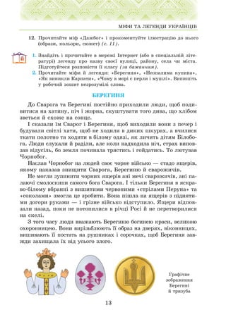 12. Ïðî÷èòàéòå ì³ô «Äàæáîã» ³ ïðîêîìåíòóéòå ³ëþñòðàö³þ äî íüîãî
(îáðàçè, êîëüîðè, ñþæåò) (ñ. 11).
1. Çíàéä³òü ³ ïðî÷èòàéòå â ìåðåæ³ ²íòåðíåò (àáî â ñïåö³àëüí³é ë³òå-
ðàòóð³) ëåãåíäó ïðî íàçâó ñâîº¿ âóëèö³, ðàéîíó, ñåëà ÷è ì³ñòà.
Ï³äãîòóéòåñÿ ðîçïîâ³ñòè ¿¿ êëàñó (çà áàæàííÿì).
2. Ïðî÷èòàéòå ì³ôè é ëåãåíäè: «Áåðåãèíÿ», «Íåîïàëèìà êóïèíà»,
«ßê âèíèêëè Êàðïàòè», «×îìó â ìîð³ º ïåðëè ³ ìóøë³». Âèïèø³òü
ó ðîáî÷èé çîøèò íåçðîçóì³ë³ ñëîâà.
ÁÅÐÅÃÈÍß
Äî Ñâàðîãà òà Áåðåãèí³ ïîñò³éíî ïðèõîäèëè ëþäè, ùîá ïîäè-
âèòèñÿ íà õàòèíó, ï³÷ ³ æîðíà, ñêóøòóâàòè òîãî äèâà, ùî õë³áîì
çâåòüñÿ é ñõîæå íà ñîíöå.
² ñêàçàëè ¿ì Ñâàðîã ³ Áåðåãèíÿ, ùîá âèõîäèëè âîíè ç ïå÷åð ³
áóäóâàëè ñâ³òë³ õàòè, ùîá íå õîäèëè â äèêèõ øêóðàõ, à â÷èëèñÿ
òêàòè ïîëîòíî òà õîäèòè â á³ëîìó îäÿç³, ÿê ëè÷èòü ä³òÿì Á³ëîáî-
ãà. Ëþäè ñëóõàëè é ðàä³ëè, àëå êîëè íàäõîäèëà í³÷, ñòðàõ âèïîâ-
çàâ â³äóñ³ëü, áî çåìëÿ ïî÷èíàëà òðÿñòèñü ³ ãîéäàòèñü. Òî ëþòóâàâ
×îðíîáîã.
Íàñëàâ ×îðíîáîã íà ëþäåé ñâîº ÷îðíå â³éñüêî — ñòàäî ÿùåð³â,
ÿêîìó íàêàçàâ çíèùèòè Ñâàðîãà, Áåðåãèíþ é ñâàðîæè÷³â.
Íå ìîãëè çóïèíèòè ÷îðíèõ ÿùåð³â àí³ ìå÷³ ñâàðîæè÷³â, àí³ ïà-
ëàþ÷³ ñìîëîñêèïè ñàìîãî áîãà Ñâàðîãà. ² ò³ëüêè Áåðåãèíÿ â ÿñêðà-
âî-á³ëîìó âáðàíí³ ç âèøèòèìè ÷åðâîíèìè «ñòð³ëàìè Ïåðóíà» òà
«ñîêîëàìè» çìîãëà öå çðîáèòè. Âîíà ï³øëà íà ÿùåð³â ç ï³äíÿòè-
ìè äîãîðè ðóêàìè — ³ ãð³çíå â³éñüêî â³äñòóïèëî. ßùåðè â³äïîâ-
çàëè íàçàä, ïîêè íå ïîòîïèëèñÿ â ð³÷ö³ Ðîñ³ é íå ïåðåòâîðèëèñÿ
íà ñêåë³.
Ç òîãî ÷àñó ëþäè ââàæàþòü Áåðåãèíþ áîãèíåþ êðàñè, âåëèêîþ
îõîðîííèöåþ. Âîíè âèð³çüáëþþòü ¿¿ îáðàç íà äâåðÿõ, â³êîííèöÿõ,
âèøèâàþòü ¿¿ ïîñòàòü íà ðóøíèêàõ ³ ñîðî÷êàõ, ùîá Áåðåãèíÿ çàâ-
æäè çàõèùàëà ¿õ â³ä óñüîãî çëîãî.
13
Ì²ÔÈ ÒÀ ËÅÃÅÍÄÈ ÓÊÐÀ¯ÍÖ²Â
Ãðàô³÷íå
çîáðàæåííÿ
Áåðåãèí³
é òðèçóáà
 