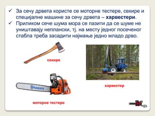  За сечу дрвета користе се моторне тестере, секире и
специјалне машине за сечу дрвета – харвестери.
 Приликом сече шума мора се пазити да се шуме не
уништавају неплански, тј. на месту једног посеченог
стабла треба засадити најмање једно младо дрво.
харвестер
моторне тестере
секире
 