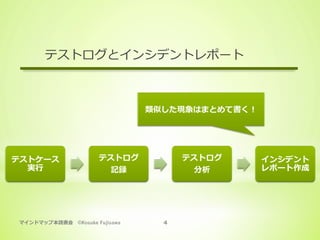 マインドマップ本読書会 ©Kosuke Fujisawa 4
テストログとインシデントレポート
テストケース
実⾏
テストログ
記録
テストログ
分析
インシデント
レポート作成
類似した現象はまとめて書く！
 