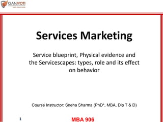 MBA 9061
Services Marketing
Service blueprint, Physical evidence and
the Servicescapes: types, role and its effect
on behavior
Course Instructor: Sneha Sharma (PhD*, MBA, Dip T & D)
 