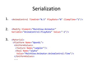 Serialization
<Modify Element="MainView:Animator"
Variable="AnimaControl:PlayRate" Value="-1"/>
<AnimaControl TimeEnd="0.5" PlayRate="0" ClampTime="1"/>1.
2.
3. <Material>
<Platform Name="OpenGL">
<UniformValues>
<Texture Name="sampler"/>
<Real Name="alpha"
Value="MainView:Animator:AnimaControl:Time"/>
</UniformValues>
...
 