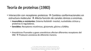 Teoría de proteínas (1980)
• Interacción con receptores proteicos  Cambios conformacionales en
estructura molecular  Afecta función de canales iónicos o enzimas.
• Insensibles o resistentes: Sistema fosfatidil- inositol, nucleótidos cíclicos y
proteínas G reguladoras.
• Sensibles: Receptores nicotínicos, glutamato, glicina y GABAa.
• Anestésicos Fluorados y gases anestésicos afectan diferentes receptores del
SNC  Producen anestesia de diferente manera.
1. T.N. Calvey and N.E. Williams. Principles and Practice of
Pharmacology for Anaesthetists. Inhalation Anaesthetic Agents.
Editorial Blackwell Publishing Fifth Edition. 2008. Pages 129 -
12
 